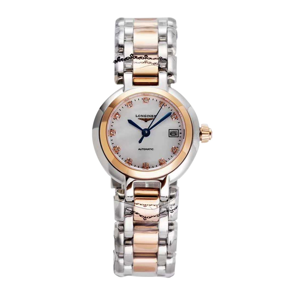 Primaluna MOP White Dial with D1am0nd Markers in Rose Gold